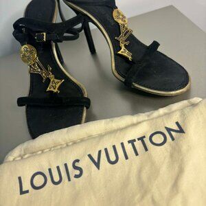 Louis Vuitton Black Strappy Sandals with Gold LV Charm